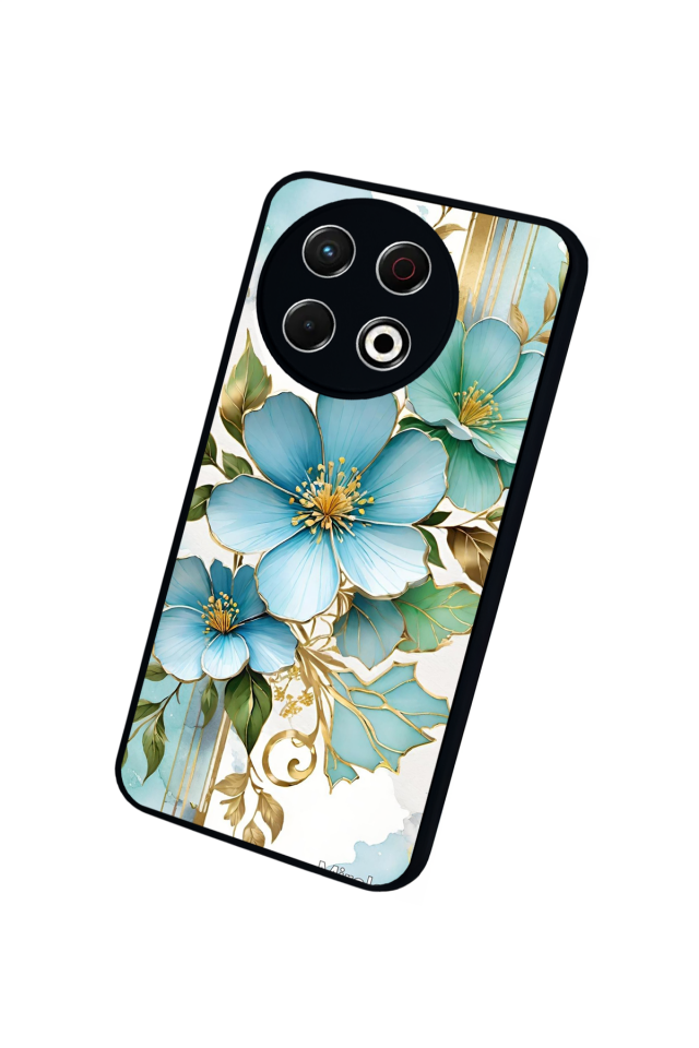 Tecno Spark 30 Pro Uyumlu Yaldizli Cicek Tasarımlı Glossy Premium Kılıf