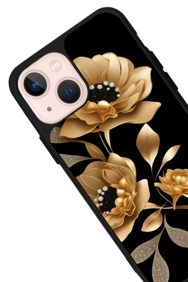 iPhone 15 Plus Uyumlu Yaldizli Cicek Tasarımlı Glossy Premium Kılıf