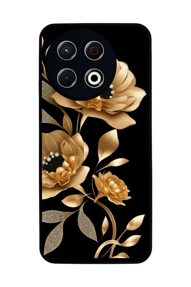 Tecno Spark 30 Pro Uyumlu Yaldizli Cicek Tasarımlı Glossy Premium Kılıf