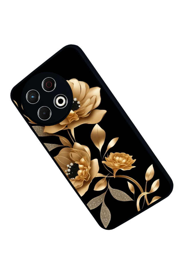 Tecno Spark 30 Pro Uyumlu Yaldizli Cicek Tasarımlı Glossy Premium Kılıf