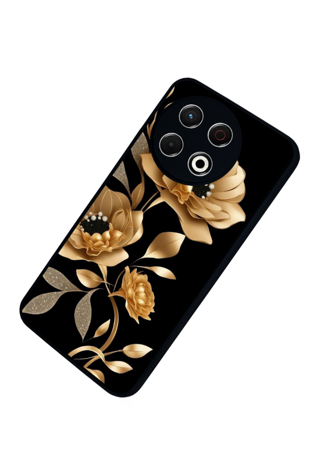 Tecno Spark 30 Pro Uyumlu Yaldizli Cicek Tasarımlı Glossy Premium Kılıf