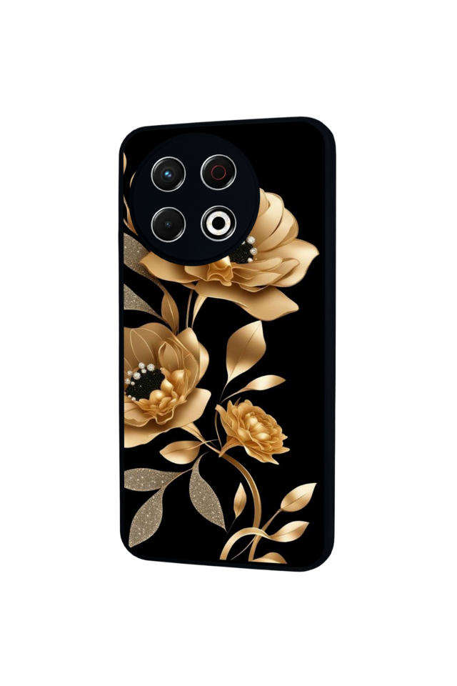 Tecno Spark 30 Pro Uyumlu Yaldizli Cicek Tasarımlı Glossy Premium Kılıf