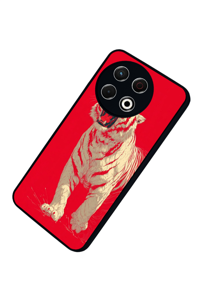 Tecno Spark 30 Pro Uyumlu Kirmizi ve Kaplan Tasarımlı Glossy Premium Kılıf