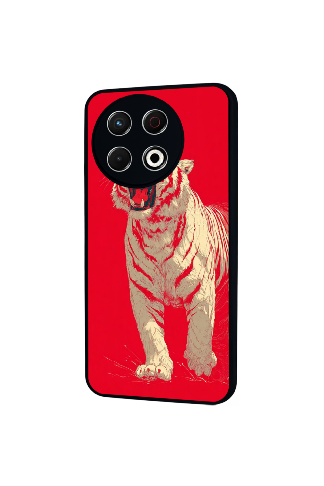 Tecno Spark 30 Pro Uyumlu Kirmizi ve Kaplan Tasarımlı Glossy Premium Kılıf