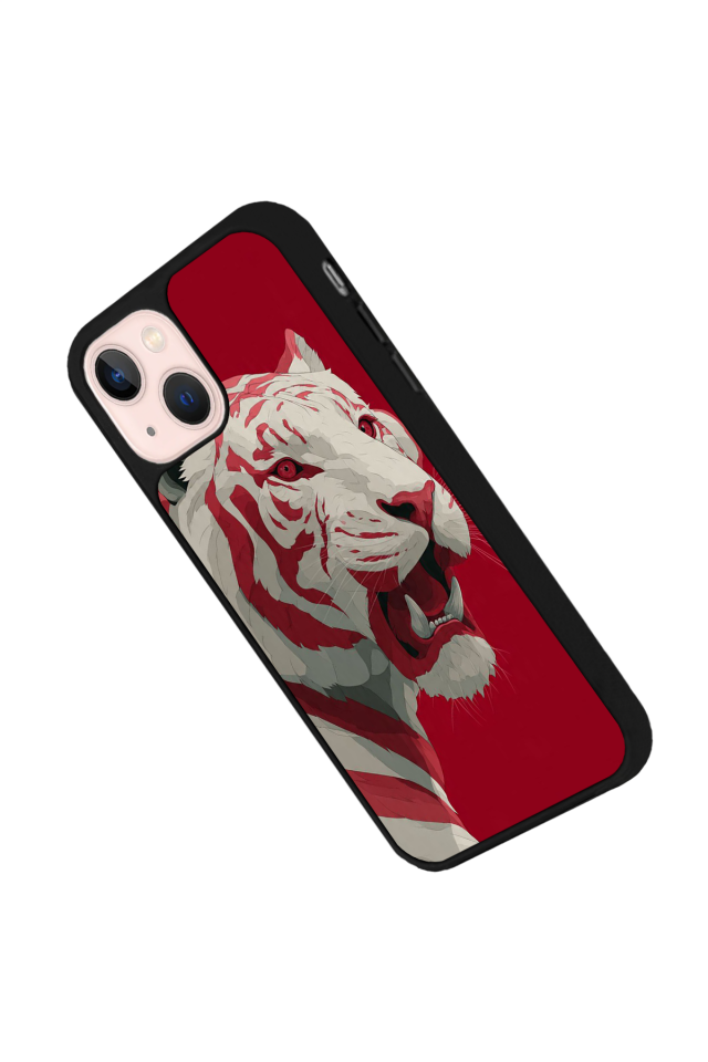 iPhone 15 Plus Uyumlu Kirmizi ve Kaplan Tasarımlı Glossy Premium Kılıf