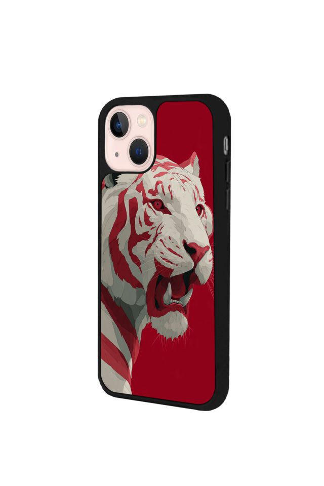 iPhone 15 Plus Uyumlu Kirmizi ve Kaplan Tasarımlı Glossy Premium Kılıf