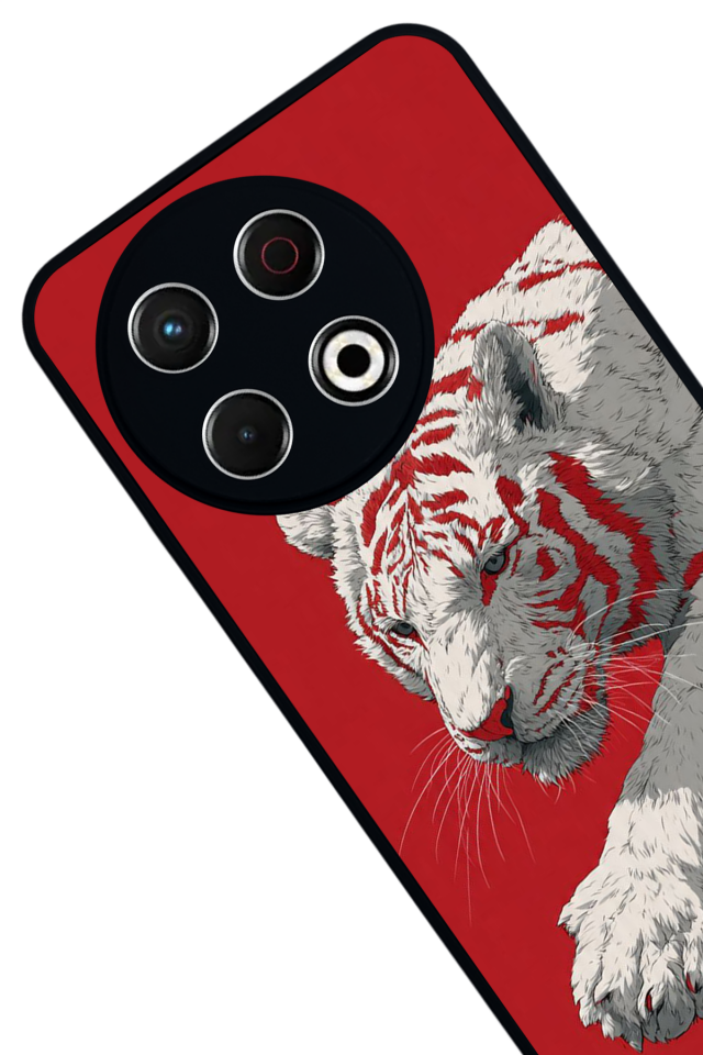 Tecno Spark 30 Pro Uyumlu Kirmizi ve Kaplan Tasarımlı Glossy Premium Kılıf