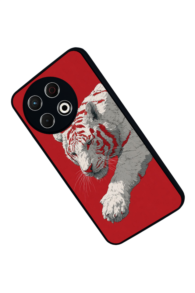 Tecno Spark 30 Pro Uyumlu Kirmizi ve Kaplan Tasarımlı Glossy Premium Kılıf