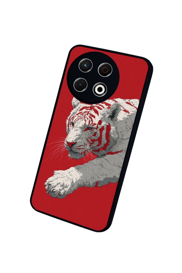 Tecno Spark 30 Pro Uyumlu Kirmizi ve Kaplan Tasarımlı Glossy Premium Kılıf