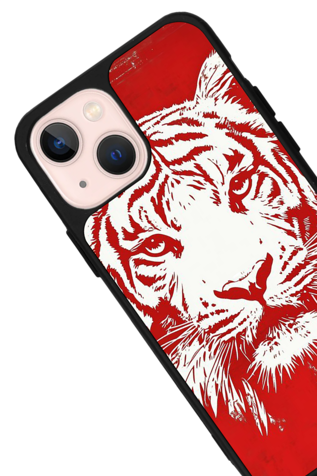 iPhone 15 Plus Uyumlu Kirmizi ve Kaplan Tasarımlı Glossy Premium Kılıf