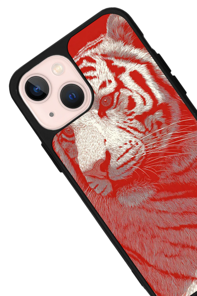 iPhone 15 Plus Uyumlu Kirmizi ve Kaplan Tasarımlı Glossy Premium Kılıf