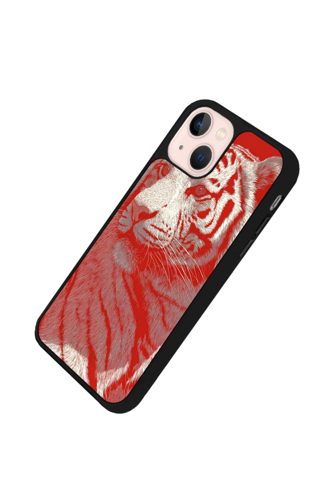 iPhone 15 Plus Uyumlu Kirmizi ve Kaplan Tasarımlı Glossy Premium Kılıf
