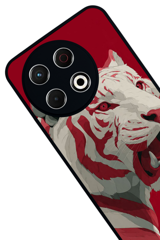 Tecno Spark 30 Pro Uyumlu Kirmizi ve Kaplan Tasarımlı Glossy Premium Kılıf