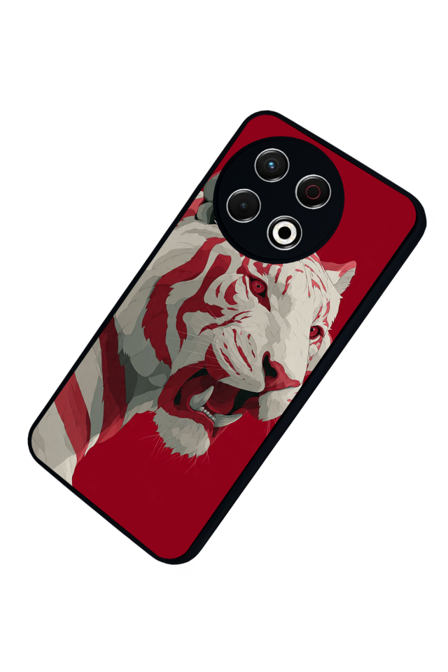 Tecno Spark 30 Pro Uyumlu Kirmizi ve Kaplan Tasarımlı Glossy Premium Kılıf