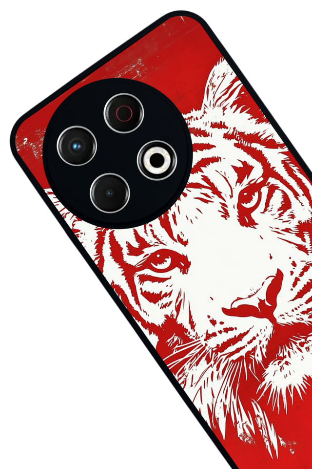 Tecno Spark 30 Pro Uyumlu Kirmizi ve Kaplan Tasarımlı Glossy Premium Kılıf