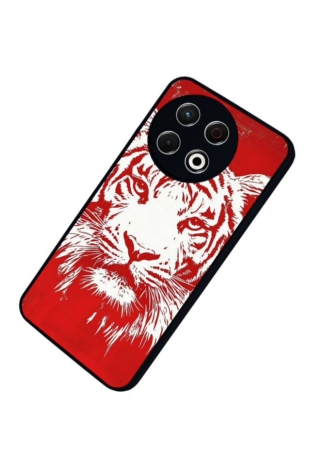 Tecno Spark 30 Pro Uyumlu Kirmizi ve Kaplan Tasarımlı Glossy Premium Kılıf