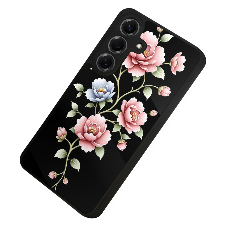 Samsung Galaxy S25 Uyumlu Yaldizli Cicek Tasarımlı Glossy Premium Kılıf