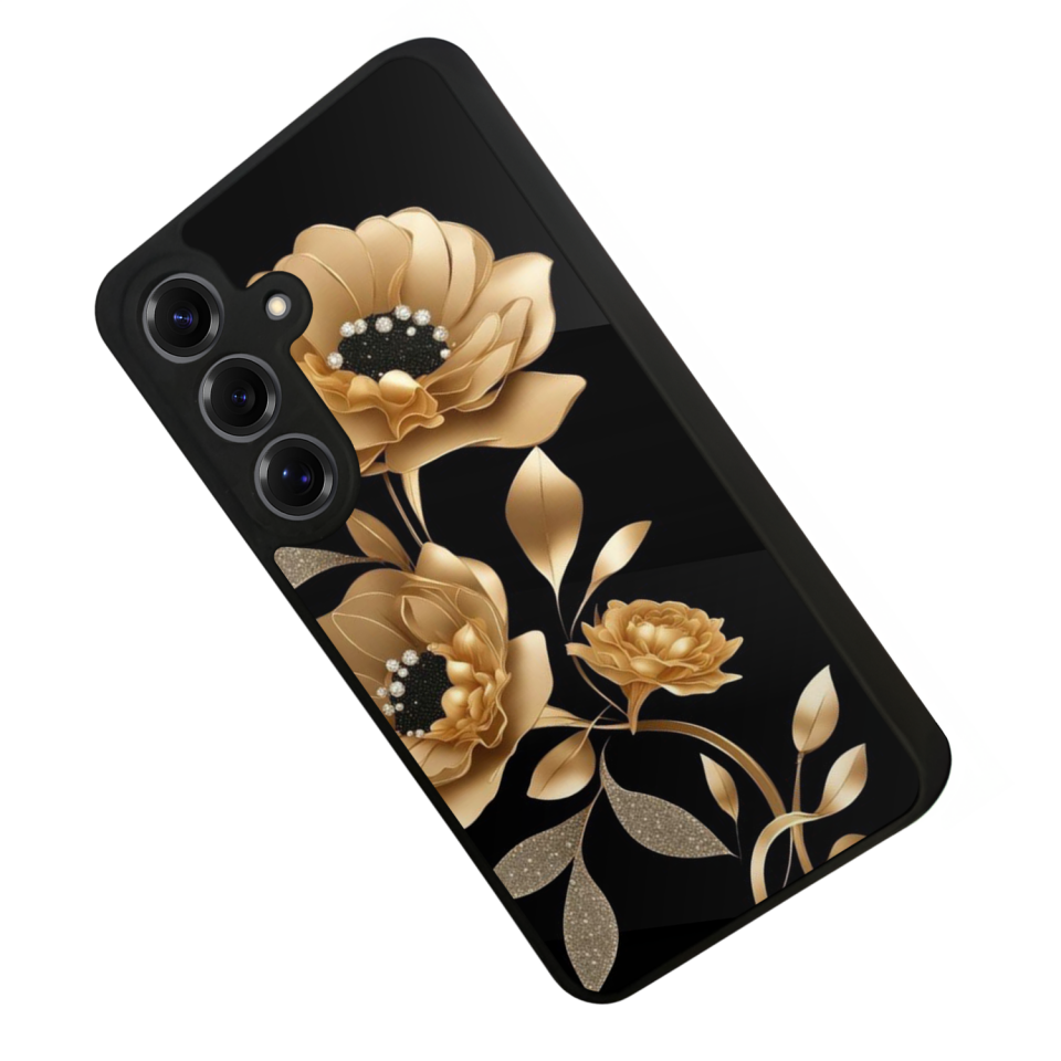 Samsung Galaxy S25 Uyumlu Yaldizli Cicek Tasarımlı Glossy Premium Kılıf