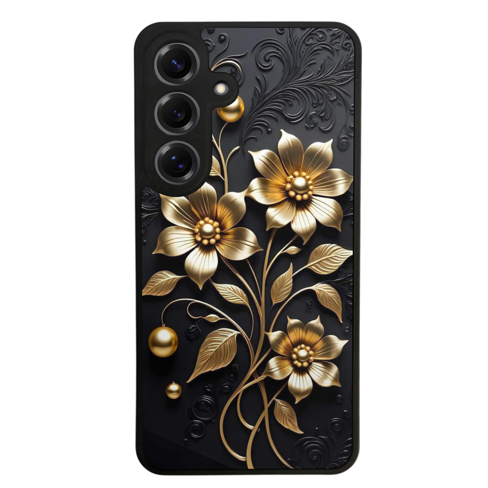 Samsung Galaxy S25 Uyumlu Yaldizli Cicek Tasarımlı Glossy Premium Kılıf