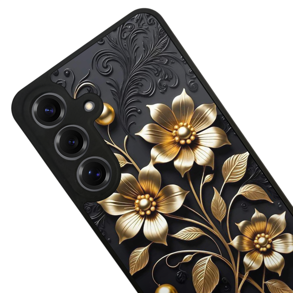 Samsung Galaxy S25 Uyumlu Yaldizli Cicek Tasarımlı Glossy Premium Kılıf