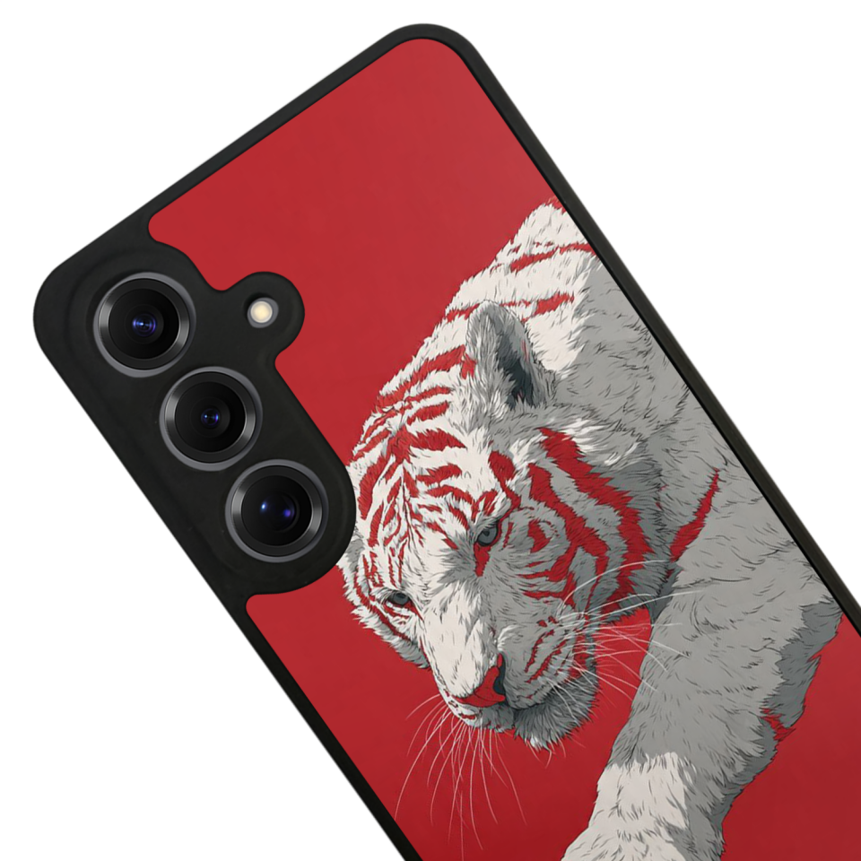 Samsung Galaxy S25 Uyumlu Kirmizi ve Kaplan Tasarımlı Glossy Premium Kılıf