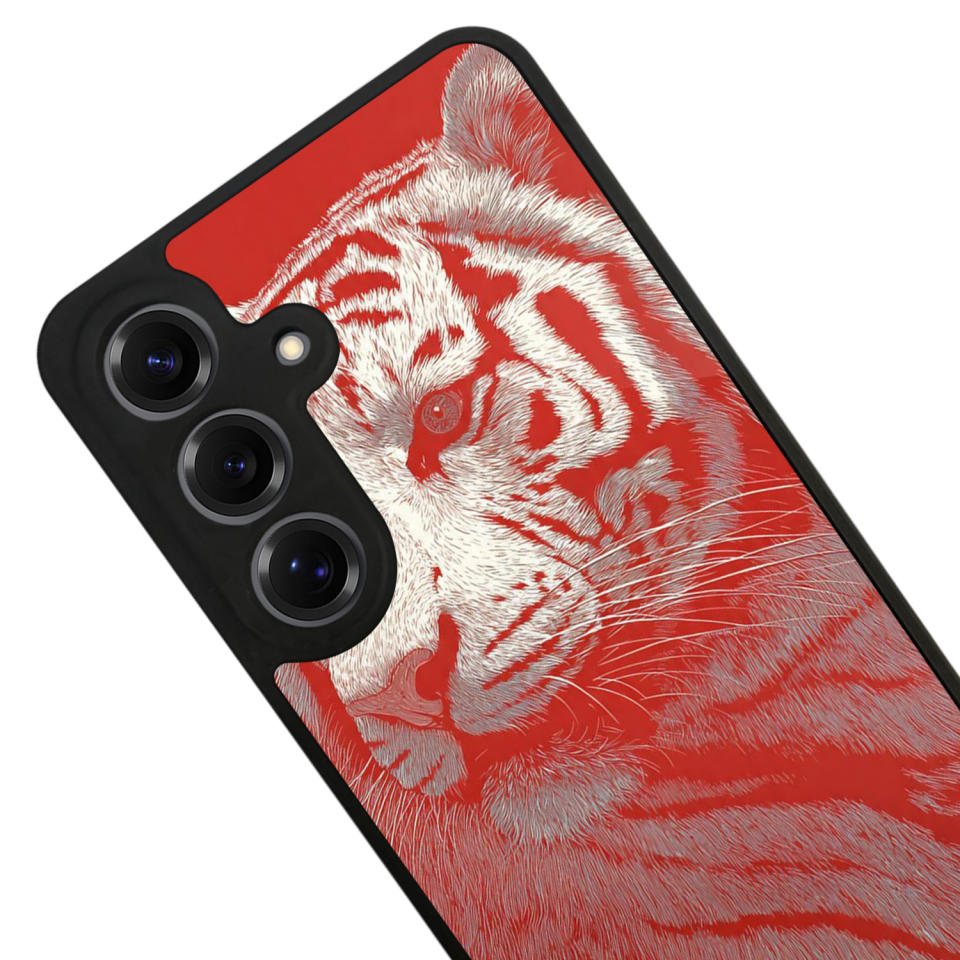 Samsung Galaxy S25 Uyumlu Kirmizi ve Kaplan Tasarımlı Glossy Premium Kılıf