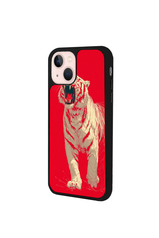 iPhone 13/14 Uyumlu Kirmizi ve Kaplan Tasarımlı Glossy Premium Kılıf