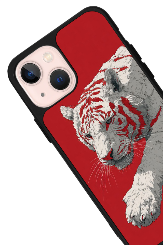 iPhone 13/14 Uyumlu Kirmizi ve Kaplan Tasarımlı Glossy Premium Kılıf