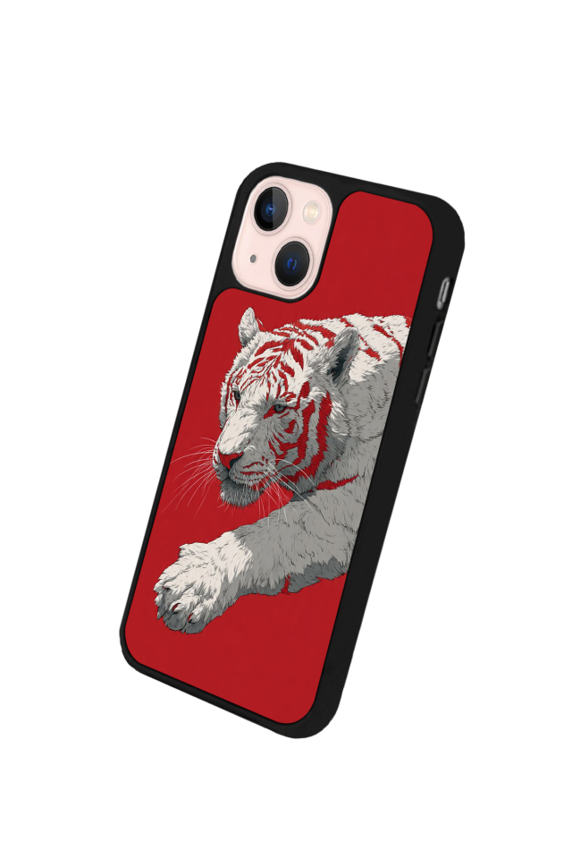 iPhone 13/14 Uyumlu Kirmizi ve Kaplan Tasarımlı Glossy Premium Kılıf
