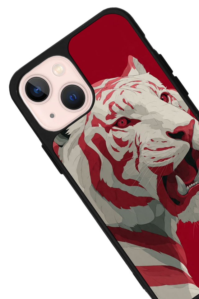 iPhone 13/14 Uyumlu Kirmizi ve Kaplan Tasarımlı Glossy Premium Kılıf