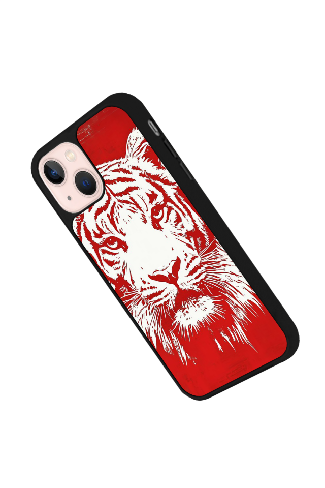iPhone 13/14 Uyumlu Kirmizi ve Kaplan Tasarımlı Glossy Premium Kılıf