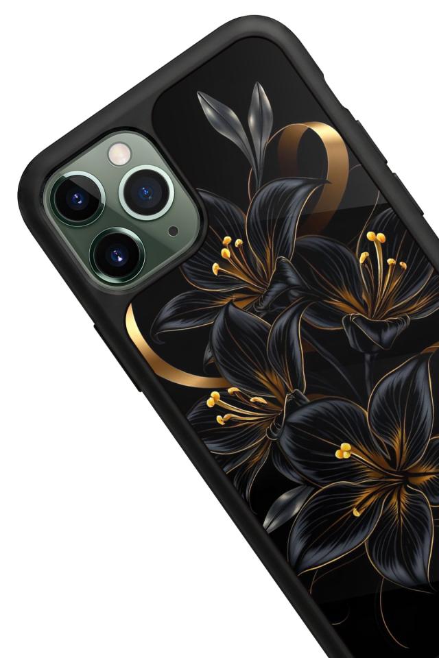 iPhone 11 Pro Max Uyumlu Yaldizli Cicek Tasarımlı Glossy Premium Kılıf