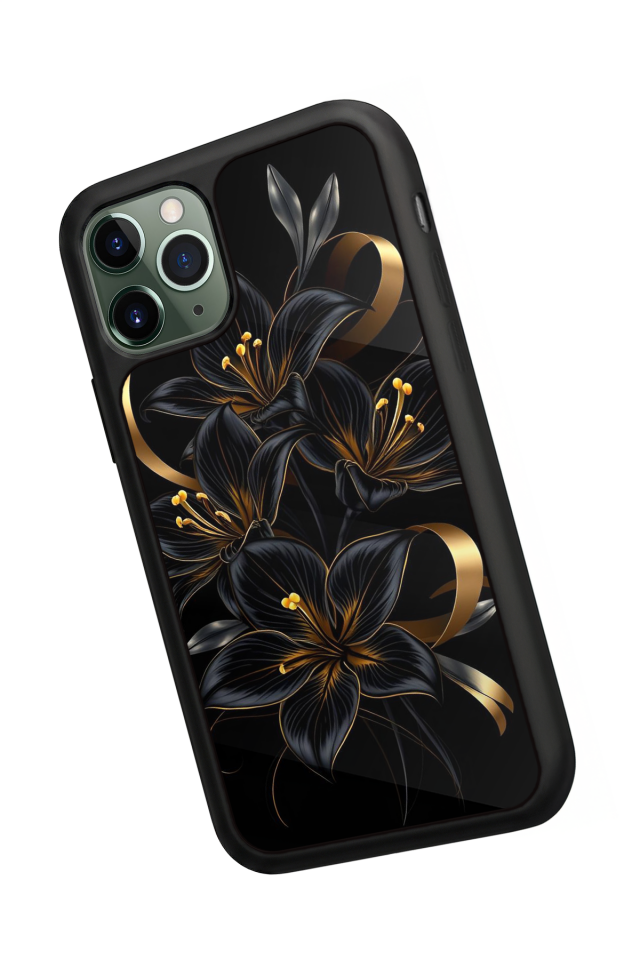 iPhone 11 Pro Max Uyumlu Yaldizli Cicek Tasarımlı Glossy Premium Kılıf