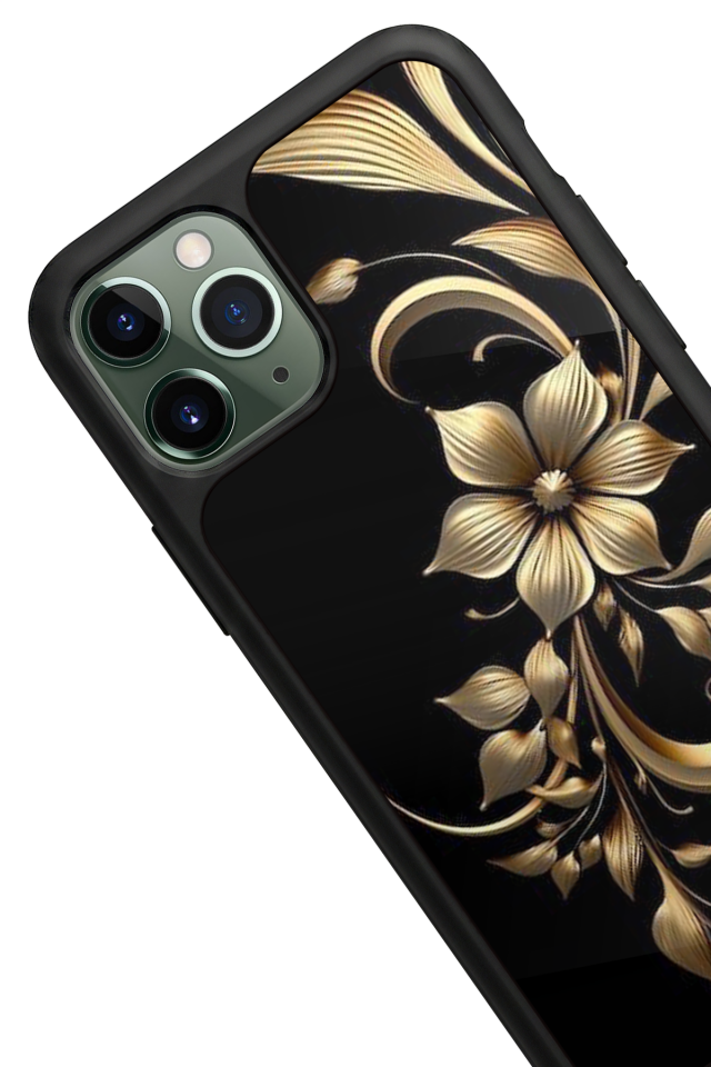 iPhone 11 Pro Max Uyumlu Yaldizli Cicek Tasarımlı Glossy Premium Kılıf