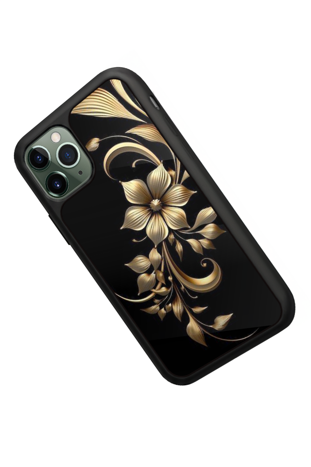 iPhone 11 Pro Max Uyumlu Yaldizli Cicek Tasarımlı Glossy Premium Kılıf