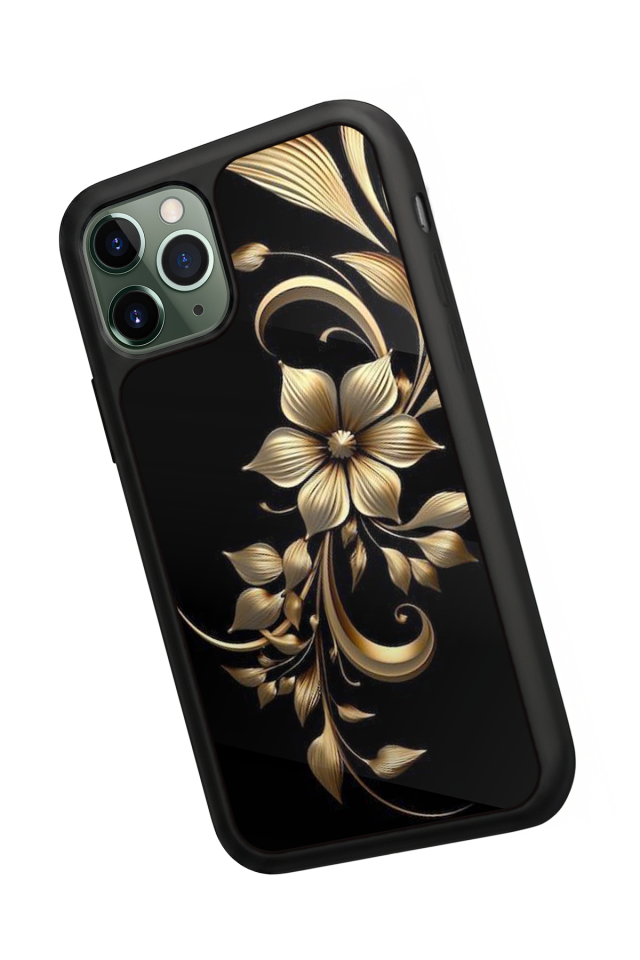iPhone 11 Pro Max Uyumlu Yaldizli Cicek Tasarımlı Glossy Premium Kılıf