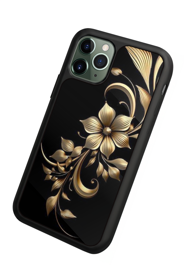 iPhone 11 Pro Max Uyumlu Yaldizli Cicek Tasarımlı Glossy Premium Kılıf