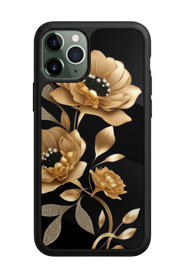 iPhone 11 Pro Max Uyumlu Yaldizli Cicek Tasarımlı Glossy Premium Kılıf