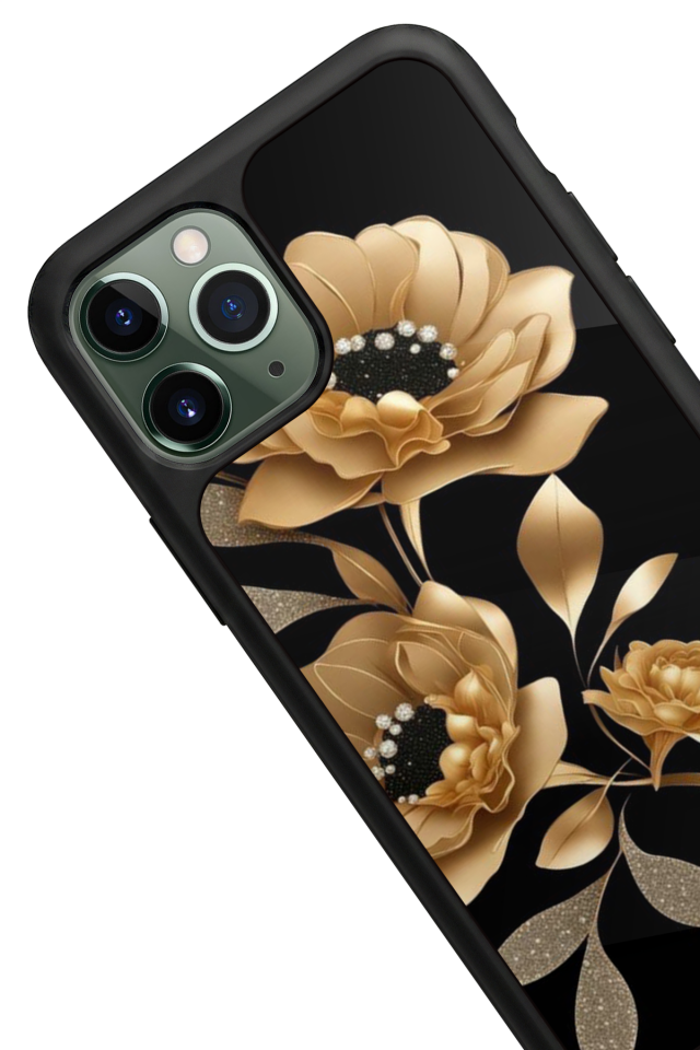 iPhone 11 Pro Max Uyumlu Yaldizli Cicek Tasarımlı Glossy Premium Kılıf