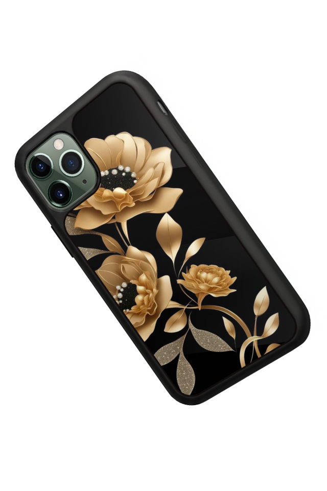 iPhone 11 Pro Max Uyumlu Yaldizli Cicek Tasarımlı Glossy Premium Kılıf