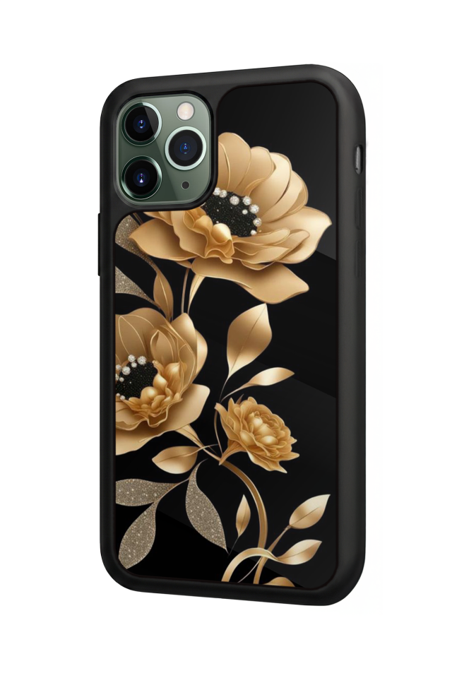 iPhone 11 Pro Max Uyumlu Yaldizli Cicek Tasarımlı Glossy Premium Kılıf