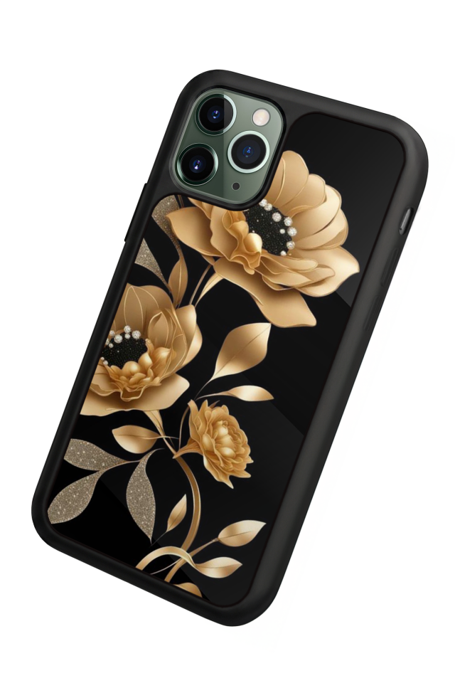 iPhone 11 Pro Max Uyumlu Yaldizli Cicek Tasarımlı Glossy Premium Kılıf