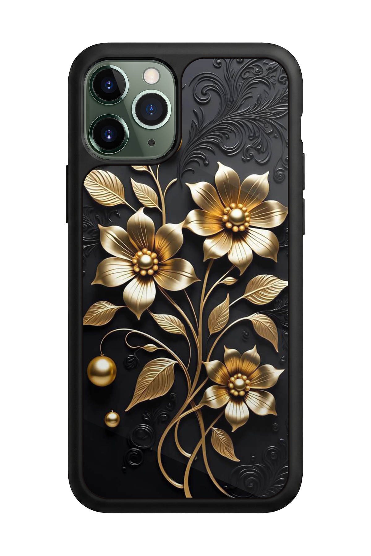 iPhone 11 Pro Max Uyumlu Yaldizli Cicek Tasarımlı Glossy Premium Kılıf