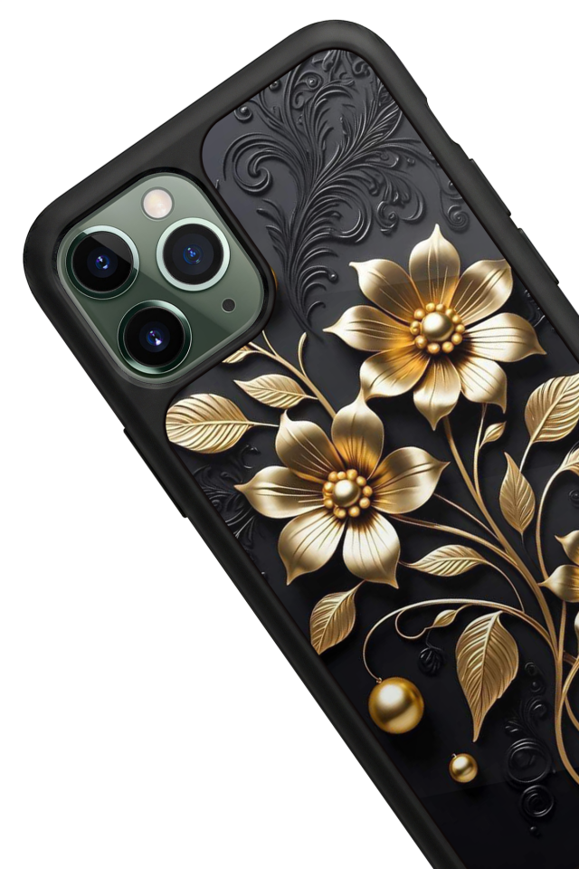 iPhone 11 Pro Max Uyumlu Yaldizli Cicek Tasarımlı Glossy Premium Kılıf