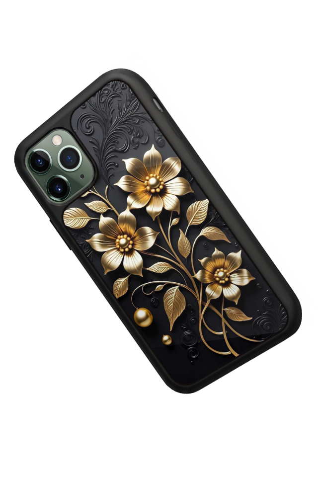 iPhone 11 Pro Max Uyumlu Yaldizli Cicek Tasarımlı Glossy Premium Kılıf