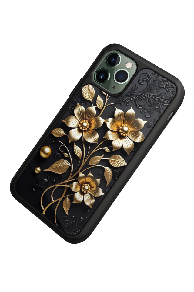 iPhone 11 Pro Max Uyumlu Yaldizli Cicek Tasarımlı Glossy Premium Kılıf