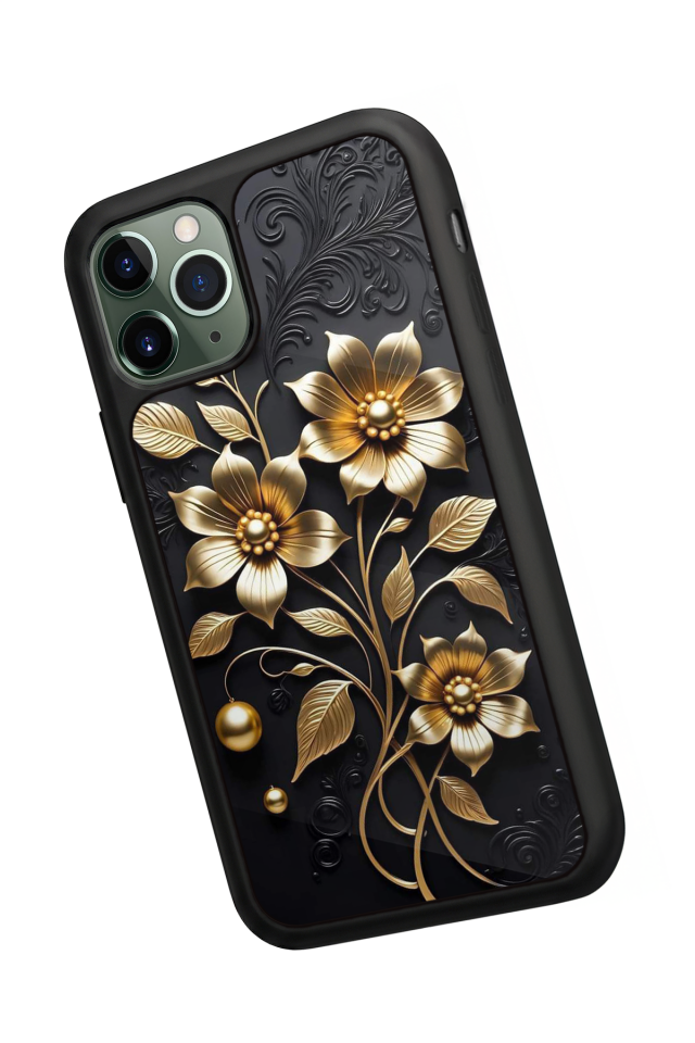 iPhone 11 Pro Max Uyumlu Yaldizli Cicek Tasarımlı Glossy Premium Kılıf