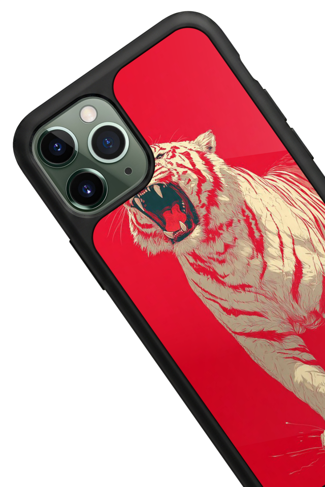 iPhone 11 Pro Max Uyumlu Kirmizi ve Kaplan Tasarımlı Glossy Premium Kılıf