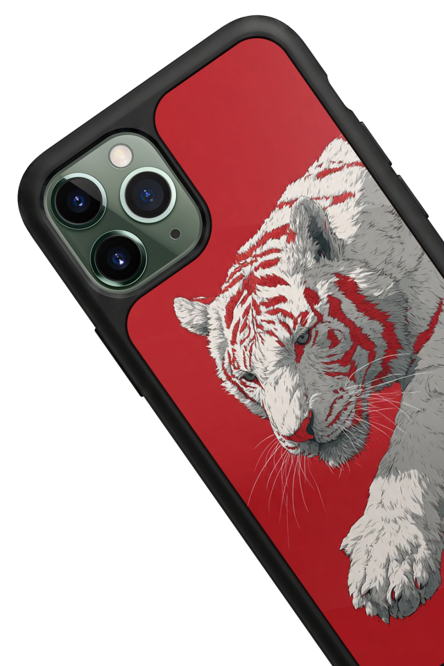 iPhone 11 Pro Max Uyumlu Kirmizi ve Kaplan Tasarımlı Glossy Premium Kılıf