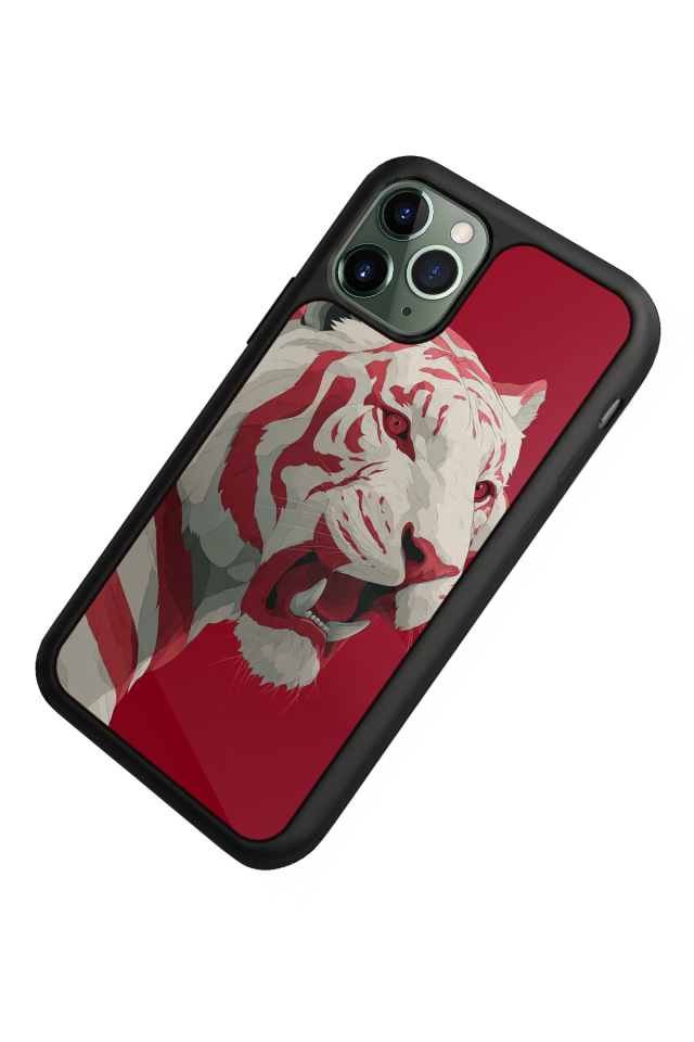 iPhone 11 Pro Max Uyumlu Kirmizi ve Kaplan Tasarımlı Glossy Premium Kılıf